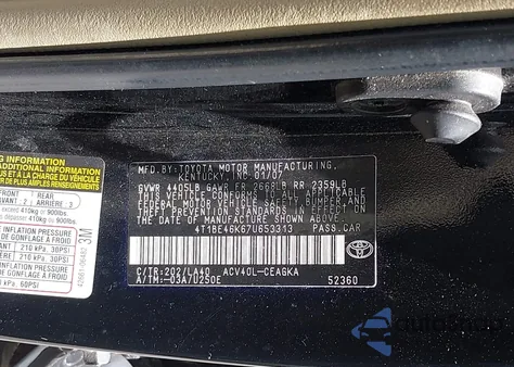 2007 Toyota Camry Xle from USA, damaged, VIN 4T1BE46K67U653313
